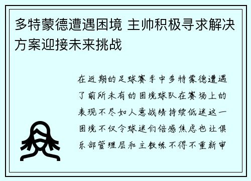多特蒙德遭遇困境 主帅积极寻求解决方案迎接未来挑战