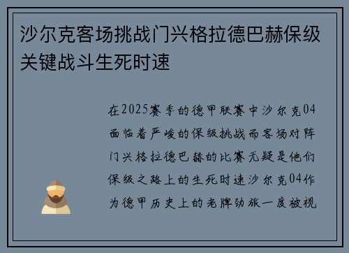 沙尔克客场挑战门兴格拉德巴赫保级关键战斗生死时速