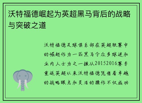 沃特福德崛起为英超黑马背后的战略与突破之道